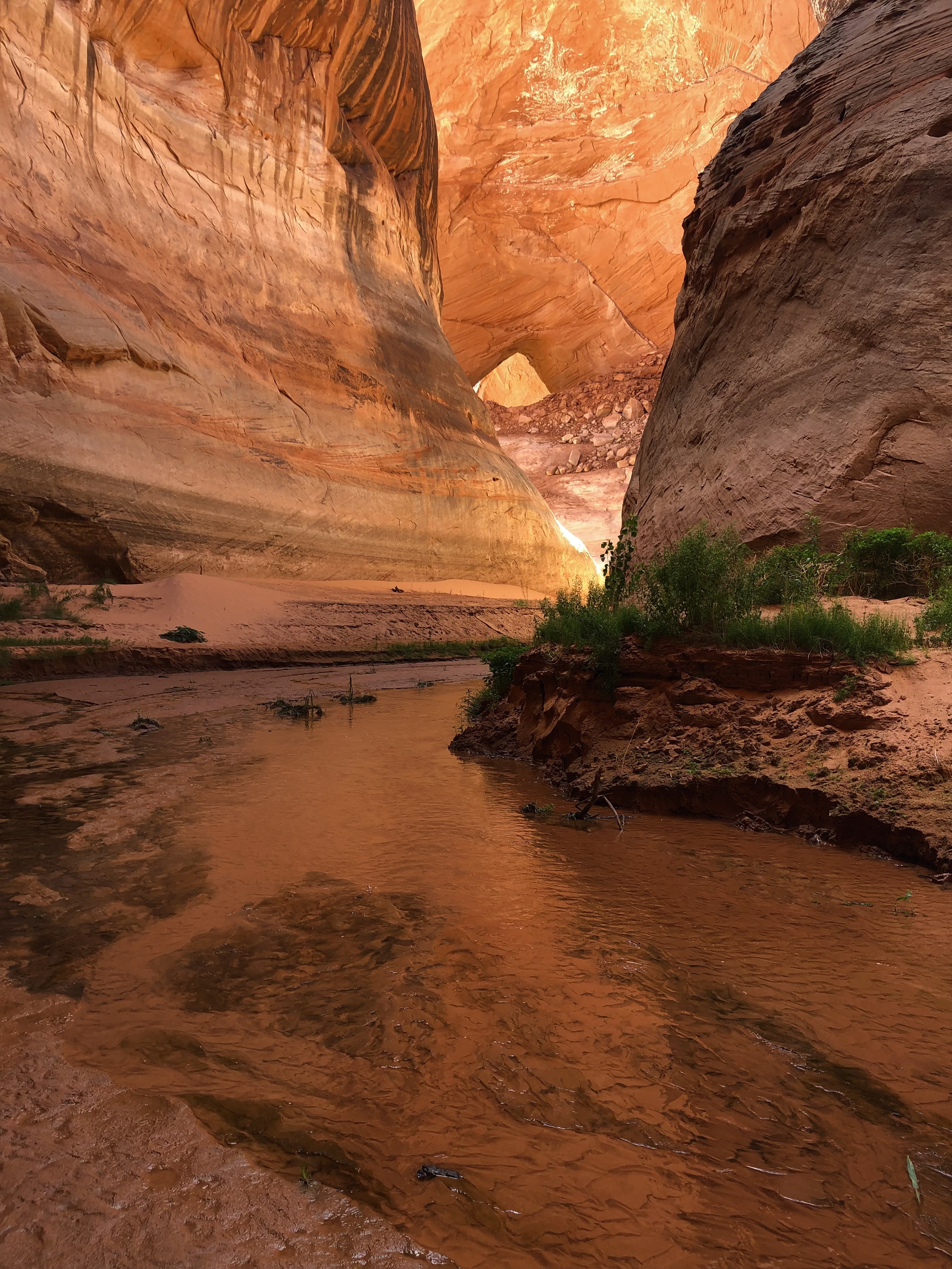 Overlook of winding blue river canyon